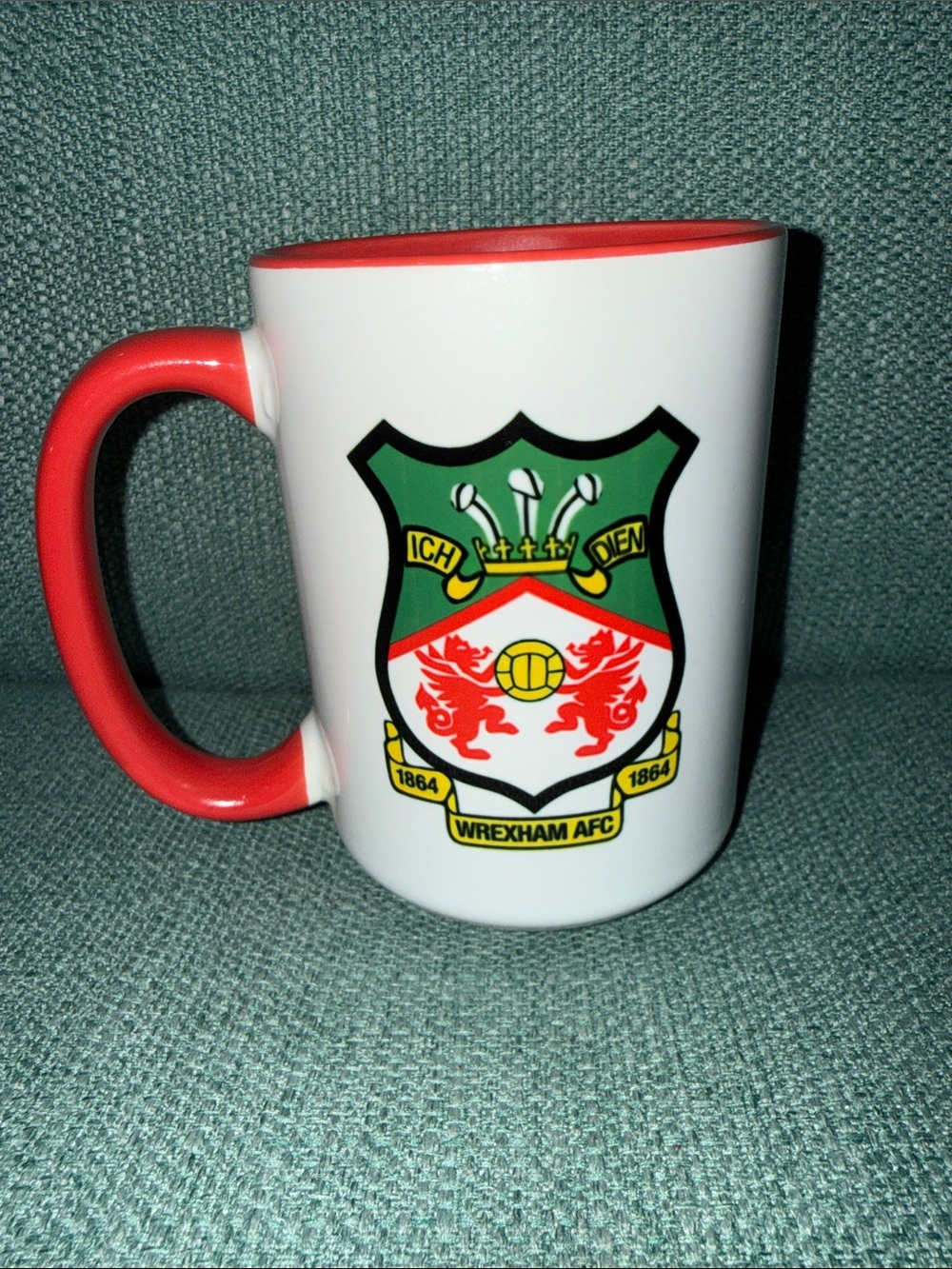 Wrexham AFC Crest Mug — White with Red Handle and Rim 🔥 G3